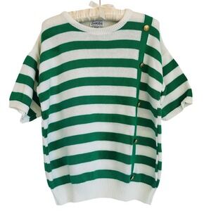 Vintage Cuddle Knit Women's 100% Cotton Striped Sweater L Gold Button USA Sailor